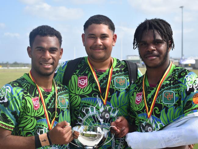 Yogan Jacob, Jarell Penola, and Zeke Javai following their under-17 win with GH United at the Mackay Indigenous Rugby League Carnival. Picture: Mitch Bourke