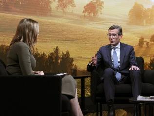 Daily Telegraph deputy editor Anna Caldwell interviews Premier Dominic Perrottet during the Bush Summit on Friday. Picture: Toby Zerna