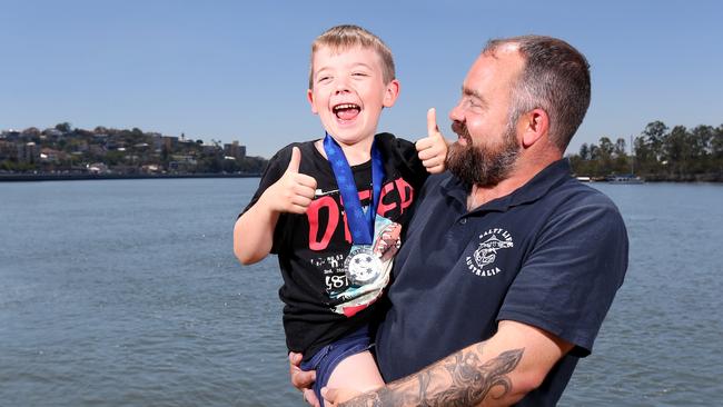 Maike Hohnen and his son Julian 7yrs, Pride of Australia event, awarding 5 medallists, Bowen Hills, Brisbane, Friday 6th December 2019 - Photo Steve Pohlner