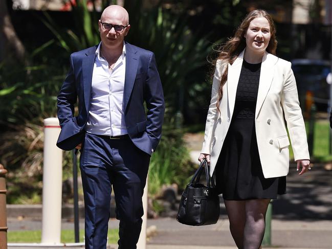 WEEKEND TELEGRAPHS - 16.2.24MUST CHECK WITH PIC EDITOR BEFORE PUBLISHING - Paula Hitchcock (middle) leaves court at lunch today with her husband Nassib Thoumi (left) by her side. Picture: Sam Ruttyn