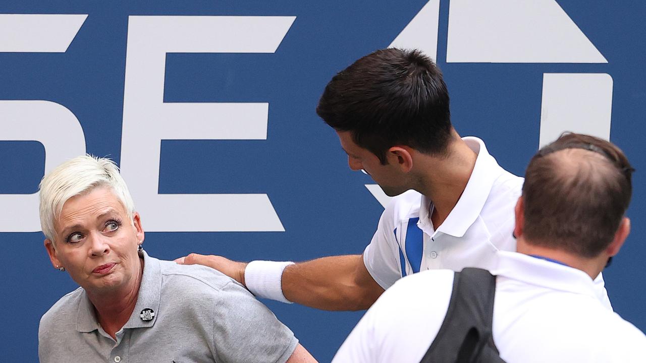 Novak Djokovic of Serbia tends to a line judge who was hit with the ball during his fourth round match against Pablo Carreno Busta of Spain on day seven of the 2020 US Open, New York, US on September 6, 2020. Picture: Getty Images