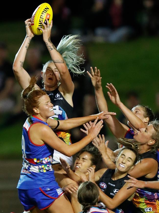 Tayla Harris marks the ball over a pack. (Photo by Michael Willson/AFL Photos via Getty Images)