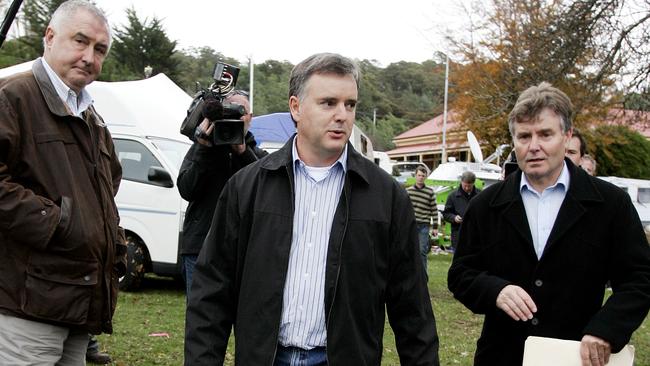 Beaconsfield mine manager Matthew Gill, centre, with journalist Richard Carleton, left, and PR adviser Michael Lester.