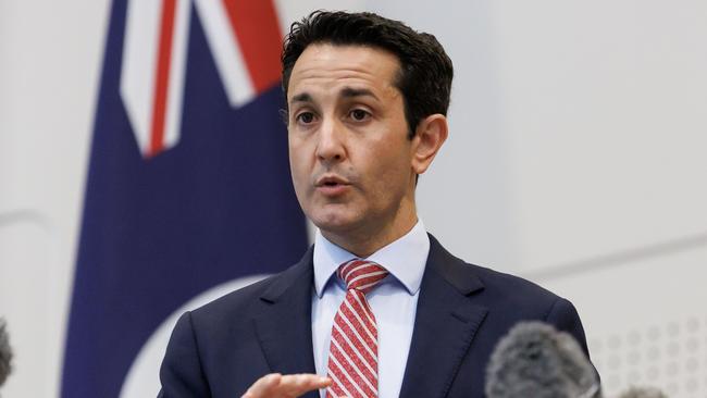 Premier David Crisafulli addresses the ongoing flooding situation in North Queensland from William street on Sunday. Picture Lachie Millard