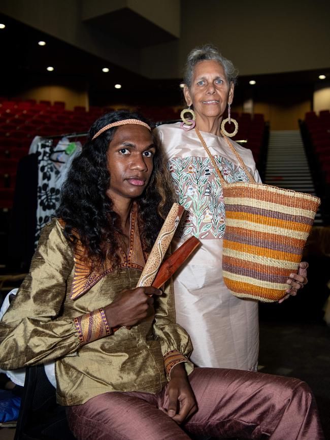 Roman Mununggurr and Marian Patterson at the 2024 Country to Couture at the Darwin Convention Centre showcases hand-designed First Nations fashion. Picture: Pema Tamang Pakhrin