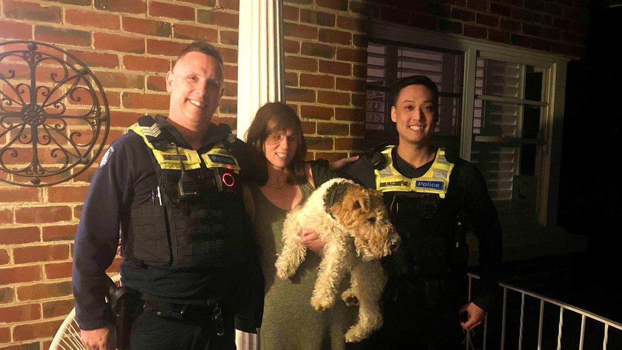 Fox Terrier, Kyron, was returned by Sergeant T. Fletcher and Constable A. Tran to his owner early on Christmas morning. Picture: Victoria Police.