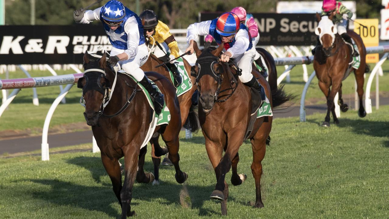 Seat of Power wins the Toowoomba Cup ridden by James Orman edging out Aussie Nugget and Ben Thompson. Saturday, September 24, 2022. Picture: Nev Madsen.