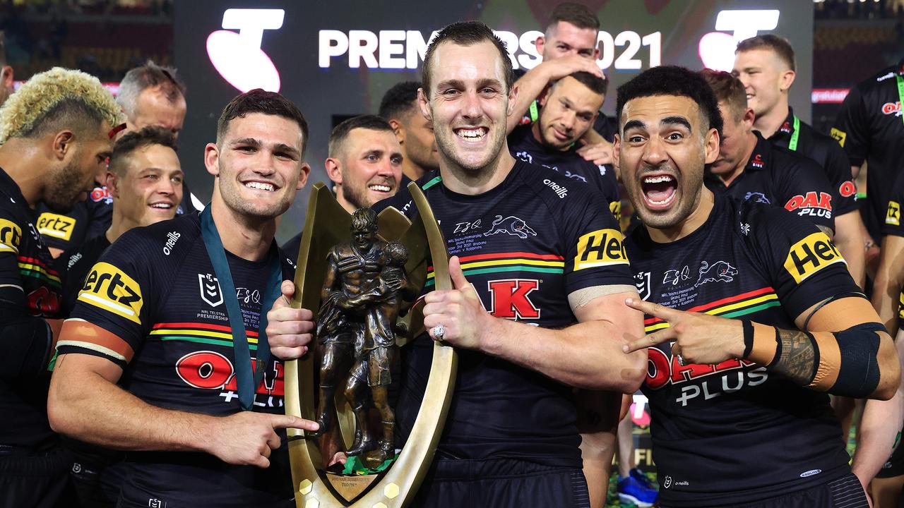 Nathan Cleary, Isaah Yeo and Tyrone May celebrate winning the 2021 NRL Grand Final. Pics Adam Head.