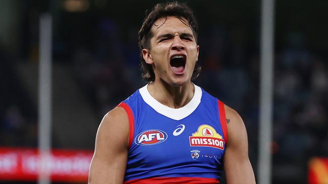 MELBOURNE - June 9 : AFL.   Bulldog Jamarra Ugle-Hagan celebrates a 4th quarter goal during the round 13  AFL match between Western Bulldogs and Port Adelaide at Marvel Stadium, on June 9, 2023, in Melbourne, Australia. Photo by Michael Klein.