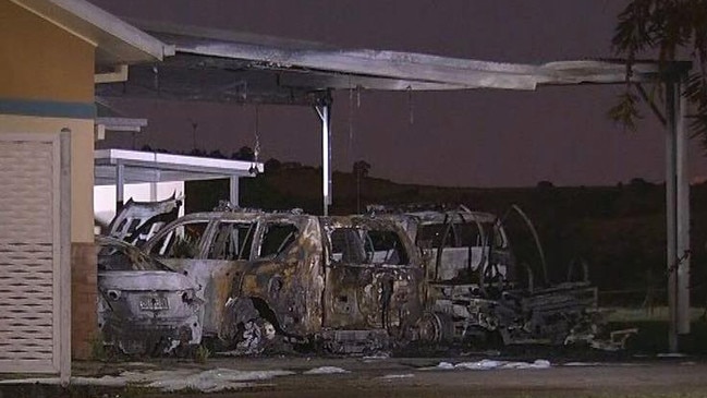 The aftermath of a blaze which ripped through police cars at Lowood Police Station. Picture 9News