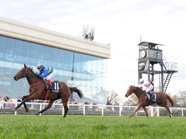 Shock 'Em Ova (NZ) ridden by Dean Yendall wins the Selangor Turf Club Handicap at Caulfield Racecourse on May 11, 2024 in Caulfield, Australia. (Photo by Brett Holburt/Racing Photos via Getty Images)