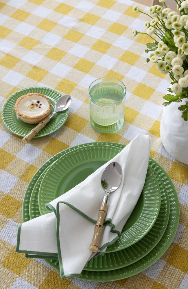 Chyka’s Home Sunday Side Plate 21cm Green and Embroidery 4 Pack Napkin Set 50 x 50cm White. Photography: Louise Roche Styling: Kylie Jackes