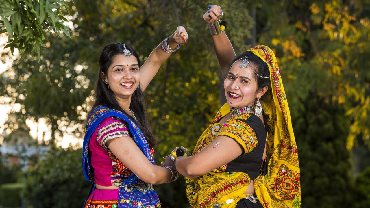 Bhoomi Rathod (left) and Parul Patel as the Indian communities of Toowoomba prepare for Navratri Celebration (Dandia), Saturday, October 9, 2021. Picture: Kevin Farmer