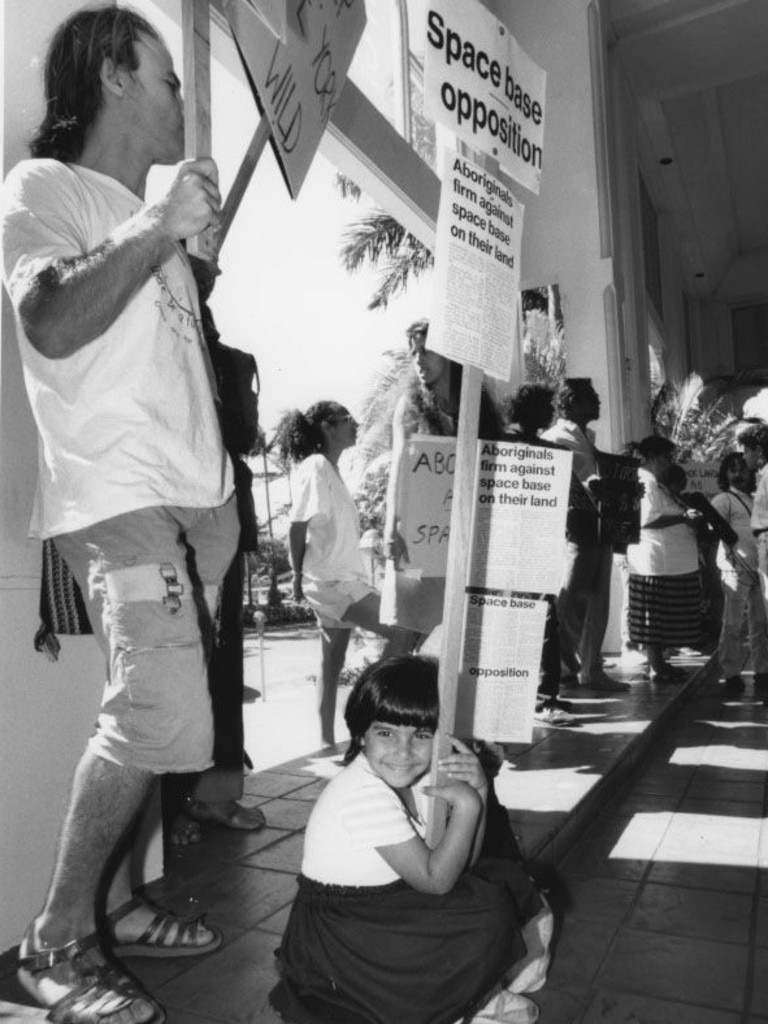 Luana Virzi, 5, and environmentalists protest against a space base plan in 1990. Picture: Craig Shaw