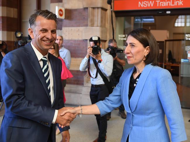 Transport Minister Andrew Constance and Premier Gladys Berejiklian announcing the fast rail plan in December. Picture: AAP Image/Dean Lewins