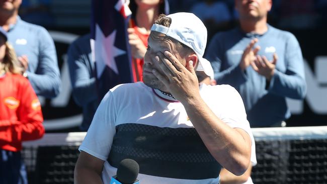 Alcott wipes away tears after winning the 2019 Australian Open final. Picture: Michael Klein