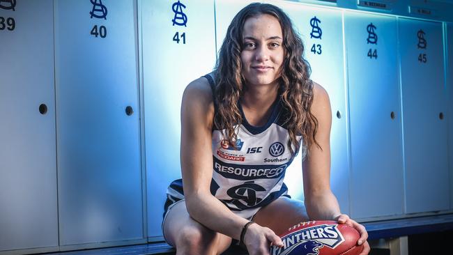 Indy Tahau's switch from rugby union to Aussie rules is paying off as she prepares to play with South Adelaide in a SANFLW grand final. Picture: AAP/Roy VanDerVegt