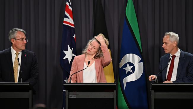 Australian Attorney-General Mark Dreyfus, Australian Home Affairs Minister Clare O’Niel and Immigration Minister Andrew Giles speak during a press conference at Parliament House in Canberra.