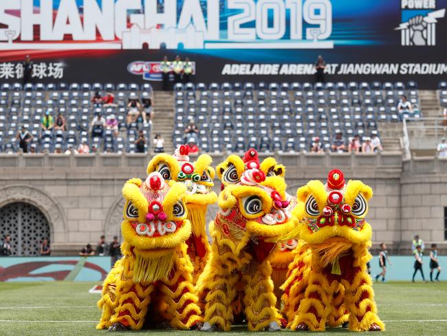 SHANGHAI, CHINA - JUNE 02: Pre-match entertainment during the 2019 AFL round 11 match between the St Kilda Saints and the Port Adelaide Power at Jiangwan Stadium on June 02, 2019 in Shanghai, China. (Photo by Michael Willson/AFL Photos)