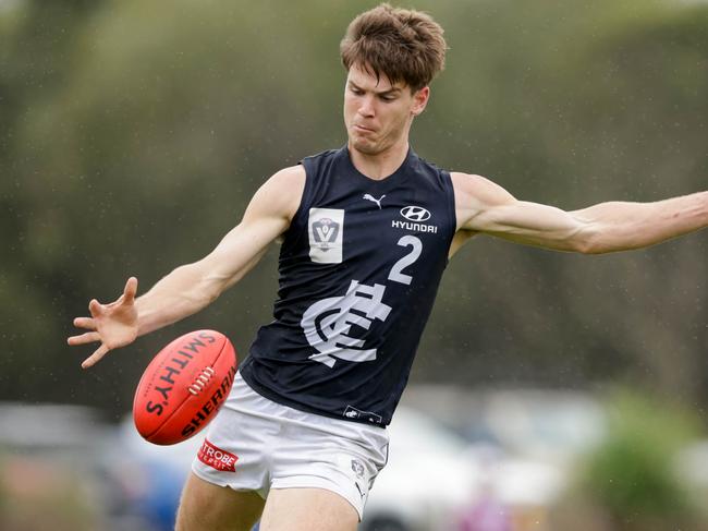 BRISBANE, AUSTRALIA - SEPTEMBER 03: Paddy Dow of the Blues kicks the ball during the 2022 VFL Second Semi Final match between the Brisbane Lions and the Carlton Blues at Moreton Bay Sports Complex on September 3, 2022 in Brisbane, Australia. (Photo by Russell Freeman/AFL Photos via Getty Images)