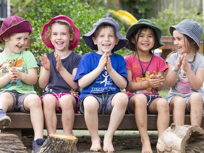 Everton Park childcare and development centre is one of the few centre's in Queensland to be rated 'excellent'. Noah Kerr, Sophie Sligo, Dexter Eager, Athena Retimana and Everly Jones.  Thursday, October 8 2020. Picture: Renae Droop