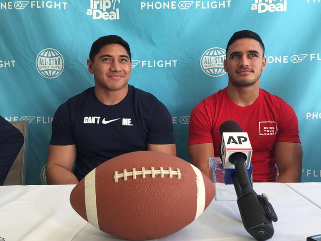 Jason Taumalolo and Valentine Holmes in Santa Monica, California.