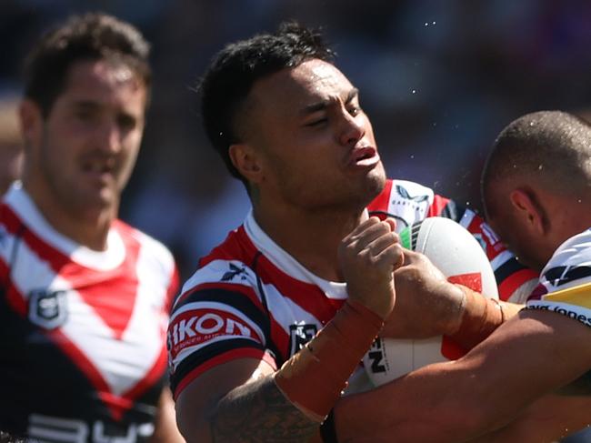 GOSFORD, AUSTRALIA - FEBRUARY 23: Spencer Leniu of the Roosters \\during the 2025 NRL Pre-Season Challenge match between Sydney Roosters and Newcastle Knights at Industree Group Stadium on February 23, 2025 in Gosford, Australia. (Photo by Mark Metcalfe/Getty Images)