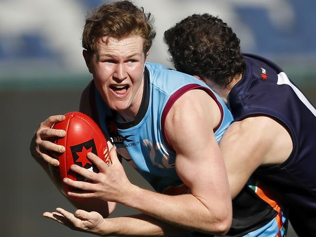 GEELONG, AUSTRALIA - JUNE 28: Tom Green of the Allies is tackled by Jack Mahony of Vic Metro during the AFL 2019 U18 Championships match between Vic Metro and the Allies at GMHBA Stadium on June 28, 2019 in Geelong, Australia. (Photo by Dylan Burns/AFL Photos via Getty Images)