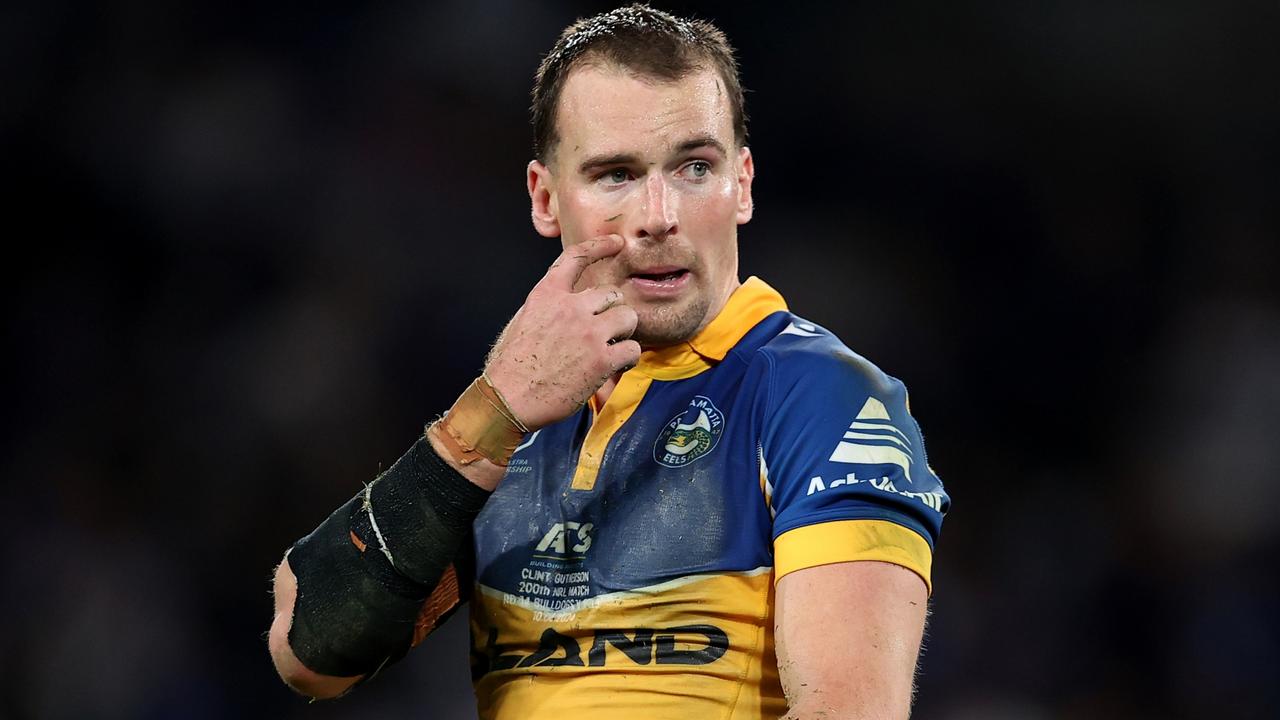 SYDNEY, AUSTRALIA - JUNE 10: Clint Gutherson of the Eels reacts at full-time during the round 14 NRL match between Canterbury Bulldogs and Parramatta Eels at Accor Stadium, on June 10, 2024, in Sydney, Australia. (Photo by Brendon Thorne/Getty Images)