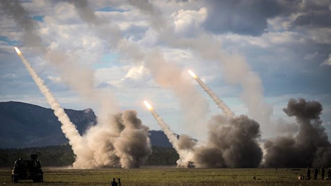 Missiles are launched from a US HIMARS system as part of Exercise Talisman Sabre in Shoalwater Bay. Picture: Andrew Leeson/AFP