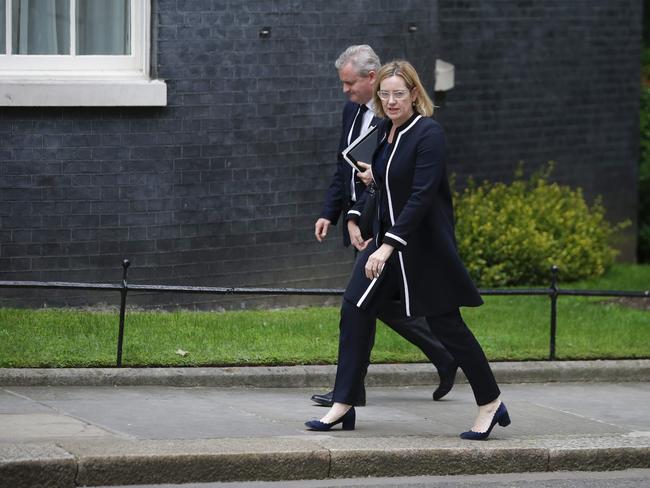 Britain's Home Secretary Amber Rudd arrives at Downing Street in central London ahead of an emergency meeting of the “Cobra” national security committee following the deadly suicide bombing in the northern city of Manchester. Picture: AFP / Daniel Leal-Olivas