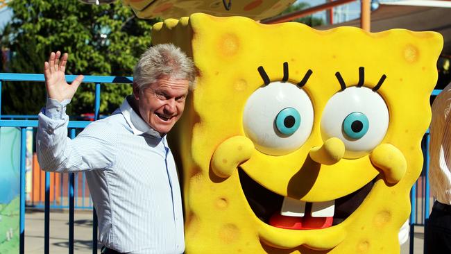 Gold Coast Tourism CEO, Martin Winter with SpongeBob SquarePants at Dreamworld.