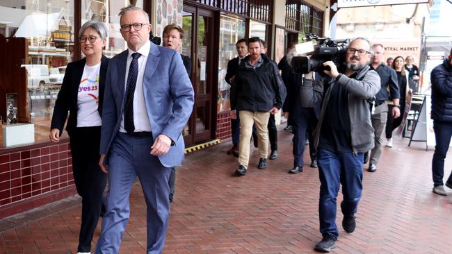 Prime Minister Anthony Albanese and Senator Penny Wong leave the Adelaide Central Market. Picture: NCA NewsWire / Kelly Barnes