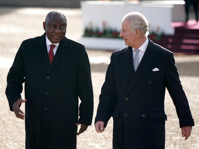 President Cyril Ramaphosa of South Africa, walks with Britain’s King Charles III as they inspect a Guard of Honour during the ceremonial welcome for his State Visit to the UK. Picture: Getty Images.