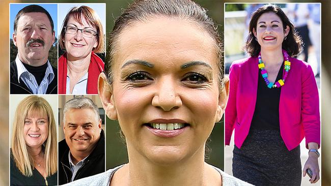 Labor MP Anne Aly (centre) and her colleagues (right) Terri Butler and (clockwise from top left) Mike Kelly, Susan Templeman, Brian Mitchell and Justin Elliott all relied on Greens preferences to win their seats at the last federal election.