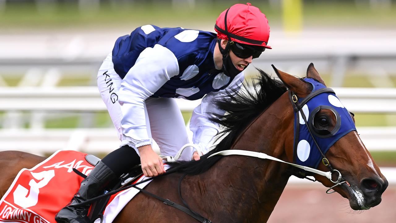 Johnny Get Angry with jockey Lachie King in the saddle winning the Victoria Derby.