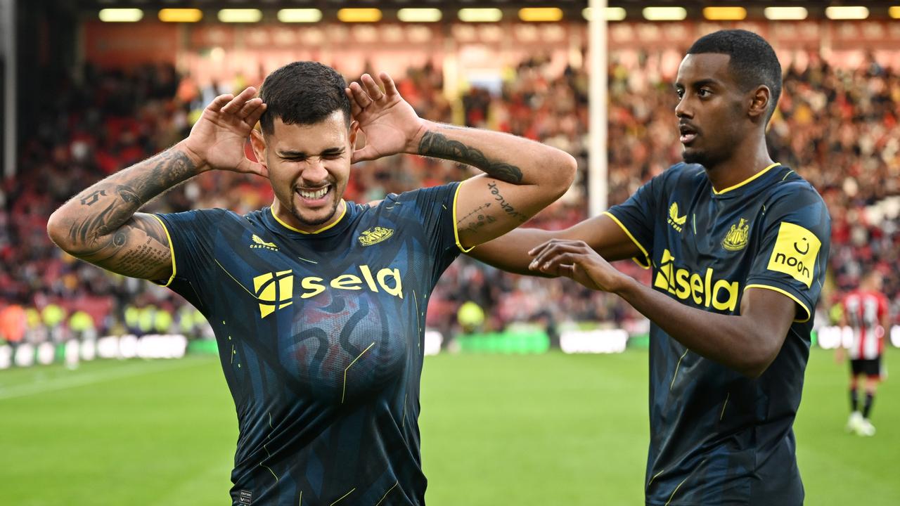 SHEFFIELD, ENGLAND - SEPTEMBER 24: Bruno Guimaraes of Newcastle United celebrates after scoring the team's seventh goal during the Premier League match between Sheffield United and Newcastle United at Bramall Lane on September 24, 2023 in Sheffield, England. (Photo by Michael Regan/Getty Images)