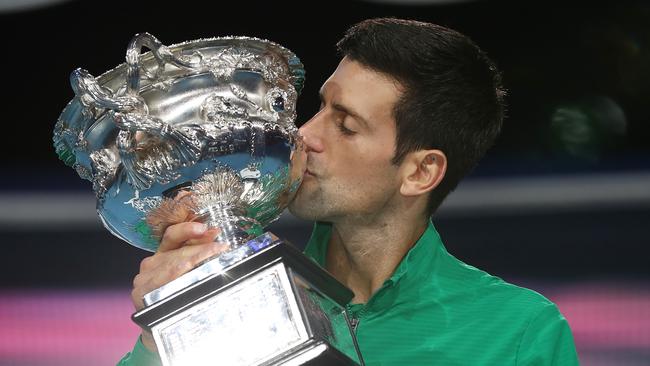 Novak Djokovic after winning the 2020 Australian Open. Picture: Michael Klein