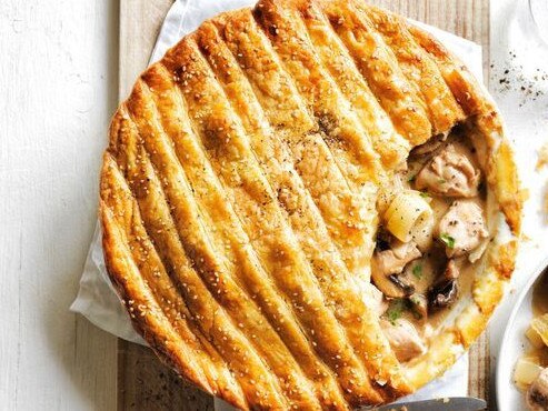 Creamy chicken, mushroom and leek pie.