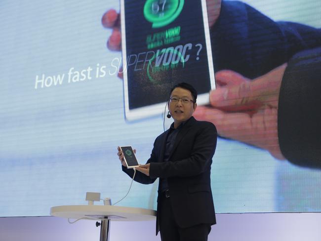 Oppo demonstrates its fast charging technology at Mobile World Congress in Barcelona.