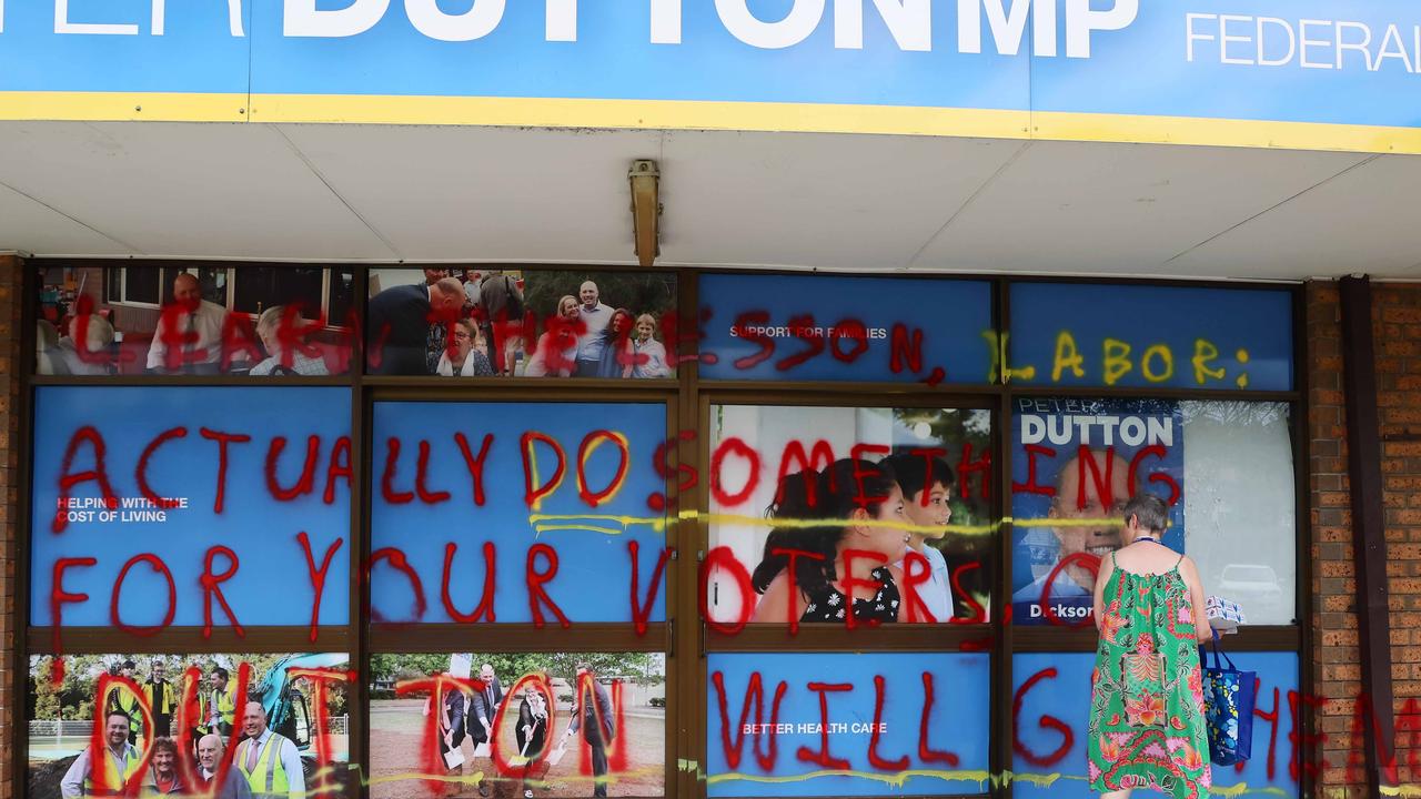 Federal opposition leader Peter Dutton’s office in Arana Hills was vandalised on Friday. Picture: NewsWire/Tertius Pickard