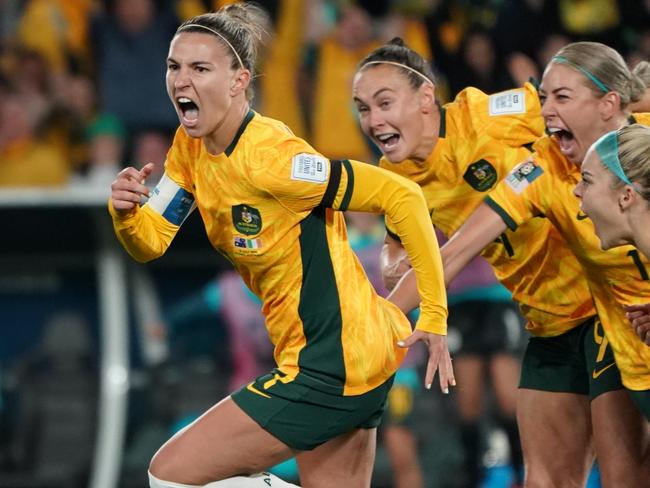 SYDNEY, AUSTRALIA - JULY 20:  Australia's Steph Catley celebrates scoring her side's first goal  during the FIFA Women's World Cup Australia & New Zealand 2023 Group B match between Australia and Ireland at Stadium Australia on July 20, 2023 in Sydney, Australia. (Photo by Stephanie Meek - CameraSport via Getty Images)