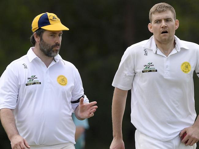 Lower Eltham Captain Andrew Hone and Luke Costa during the DVCA Cricket: Diamond Creek v Lower Eltham cricket match in Diamond Creek, Saturday, Nov. 14, 2020. Picture: Andy Brownbill