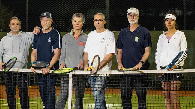 Clifton Hill members Michael Lettieri, Paul Collins, Liz Minter, Pietro Papantuono, Tony Hodge and Anna Tran at the Mayors Park tennis courts. Picture: Mark Stewart