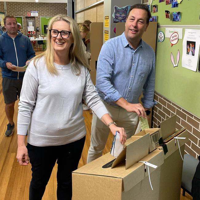 Liberal MP for Mackellar Jason Falinski voting at Collaroy Public School with his wife Nichola. Picture: Facebook (Jason Falinski)