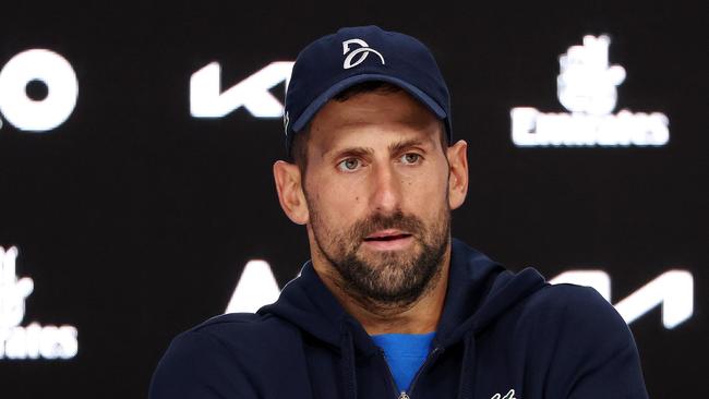 MELBOURNE, JANUARY 24, 2025: 2025 Australian Open Tennis, day thirteen. Novak Djokovic (SRB) gives a press conference after retiring injured against Alexander Zverev (GER) during their mens singles  semifinal match on Rod Laver Arena. Picture: Mark Stewart