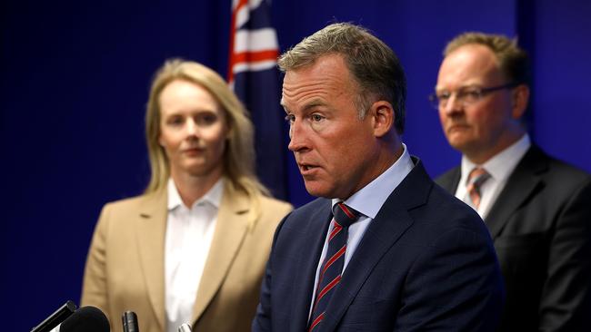 Premier Will Hodgman unveils his new Cabinet with Sarah Courtney, left, and Roger Jaensch at the Executive Building in Hobart. Picture: Sam Rosewarne.