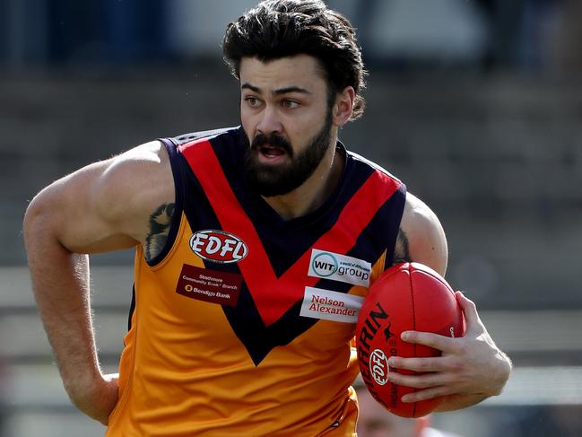 Dion Hill of EK in action during the EDFL Division 1 footballmatch between East Keilor and Tullamarine played at Coburg City Oval on Saturday 7th September, 2019.