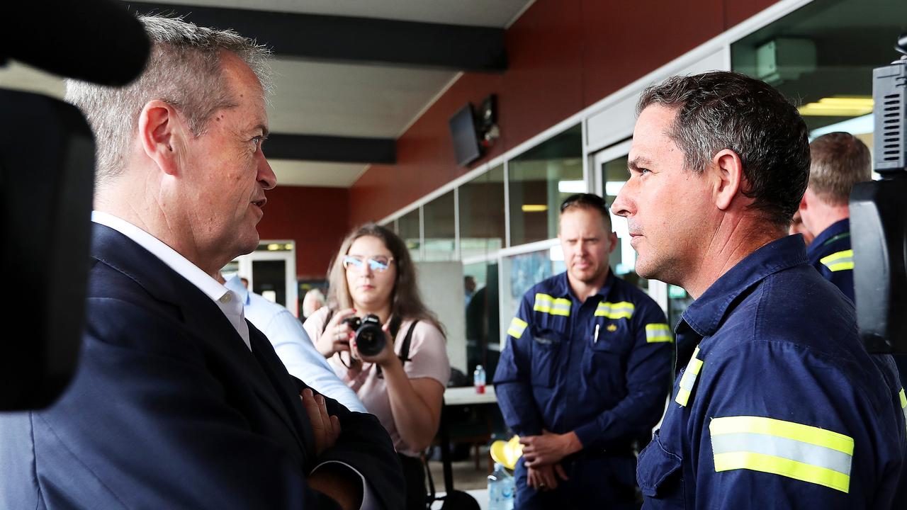 Opposition Leader Bill Shorten talking to workers at Gladstone Port. Picture: Kym Smith