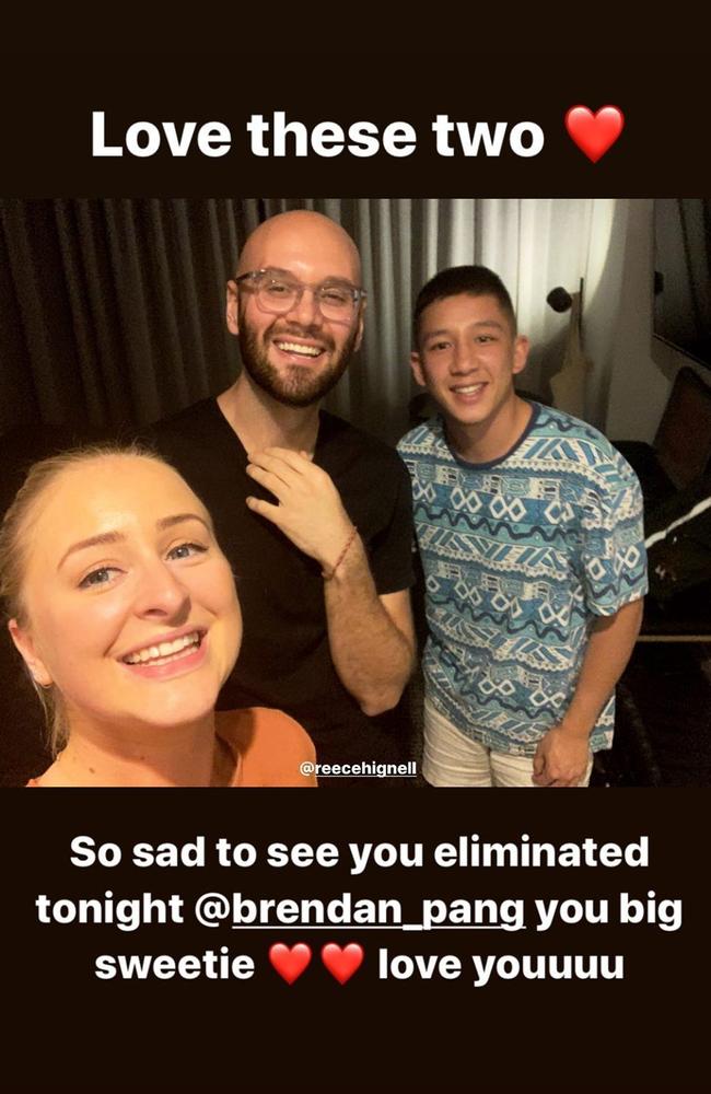 Tessa, Reece and Brendan in a photo posted by her after Brendan's elimination. Picture: Supplied/Instagram